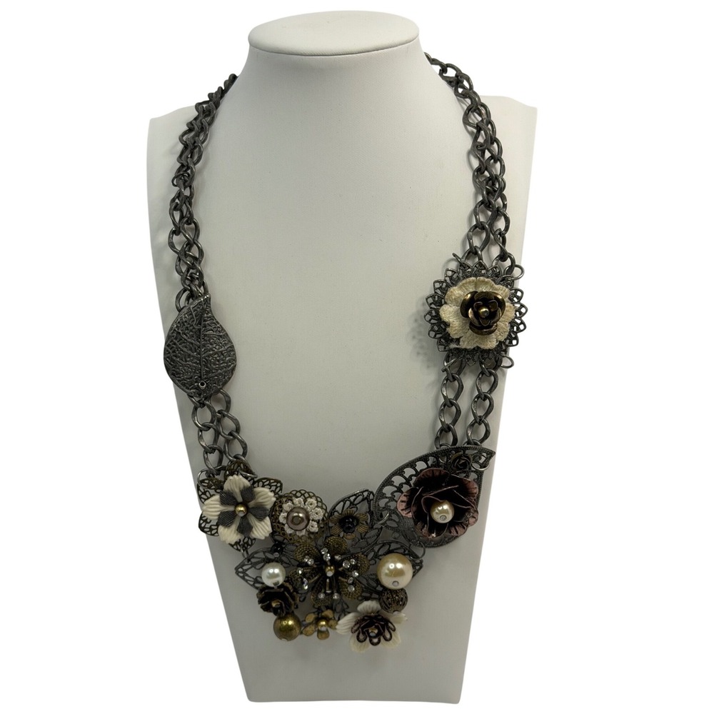 Vintage Gunmetal Floral Bib Statement Necklace Faux Pearl Filigree Beaded Goth